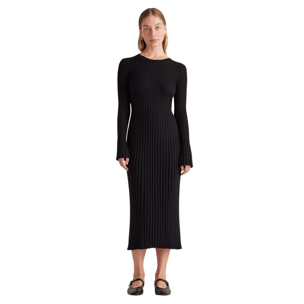 EUC Quince Women's L Cotton Cashmere Ribbed Long Sleeve Crew Midi Dress Coquette